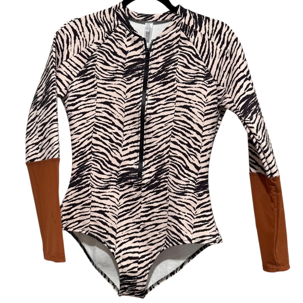 Wet Swimwear Zebra Striped Long Sleeve One Piece Swimsuit